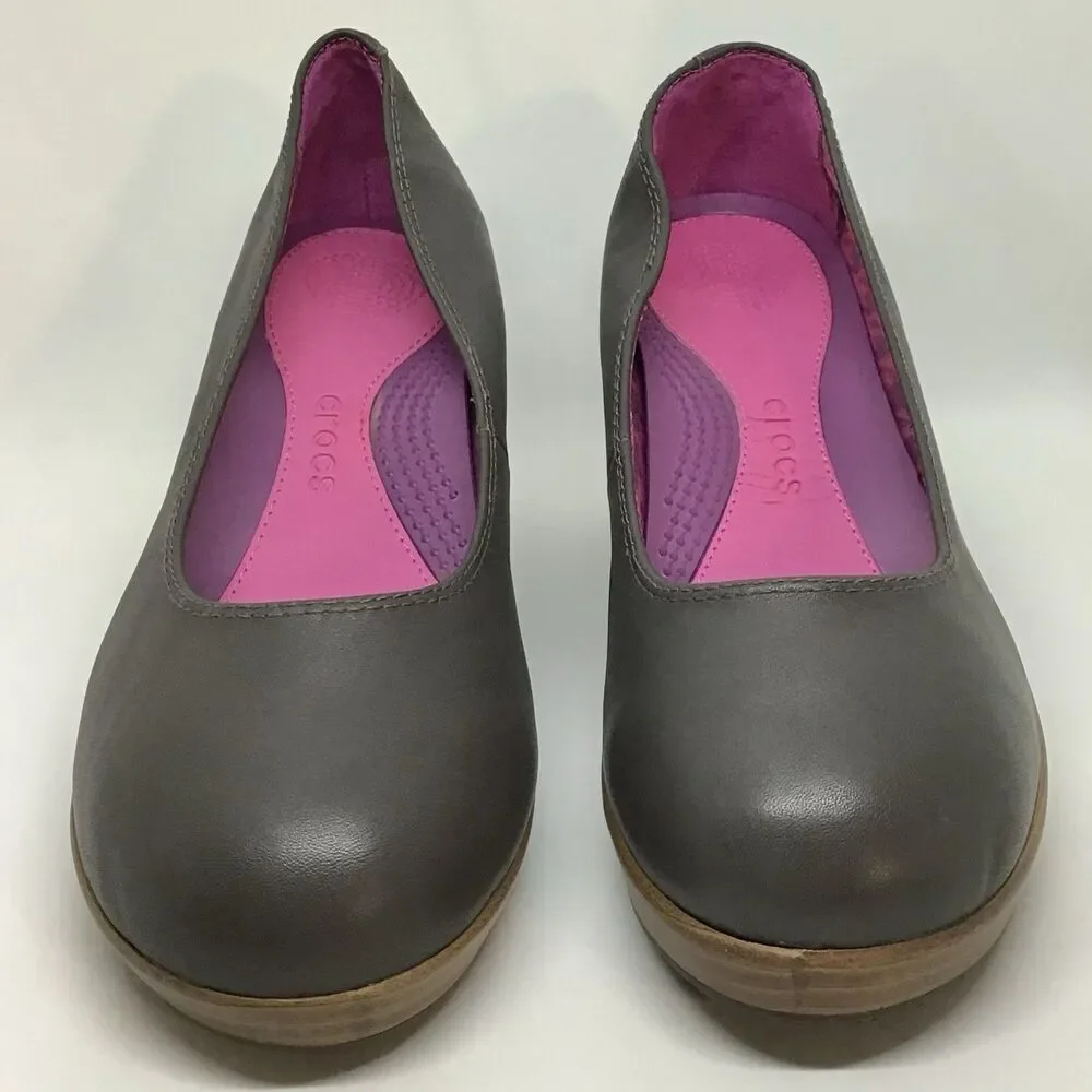 Crocs Wedge Heels Women 8.5 A-Leigh Brown Leather Closed Toe SlipOn Shoes